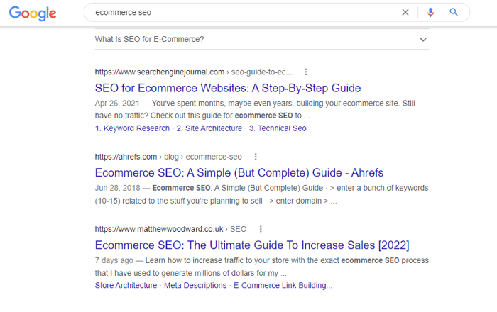 screen shot of google search results for the keyword 'ecommerce seo'